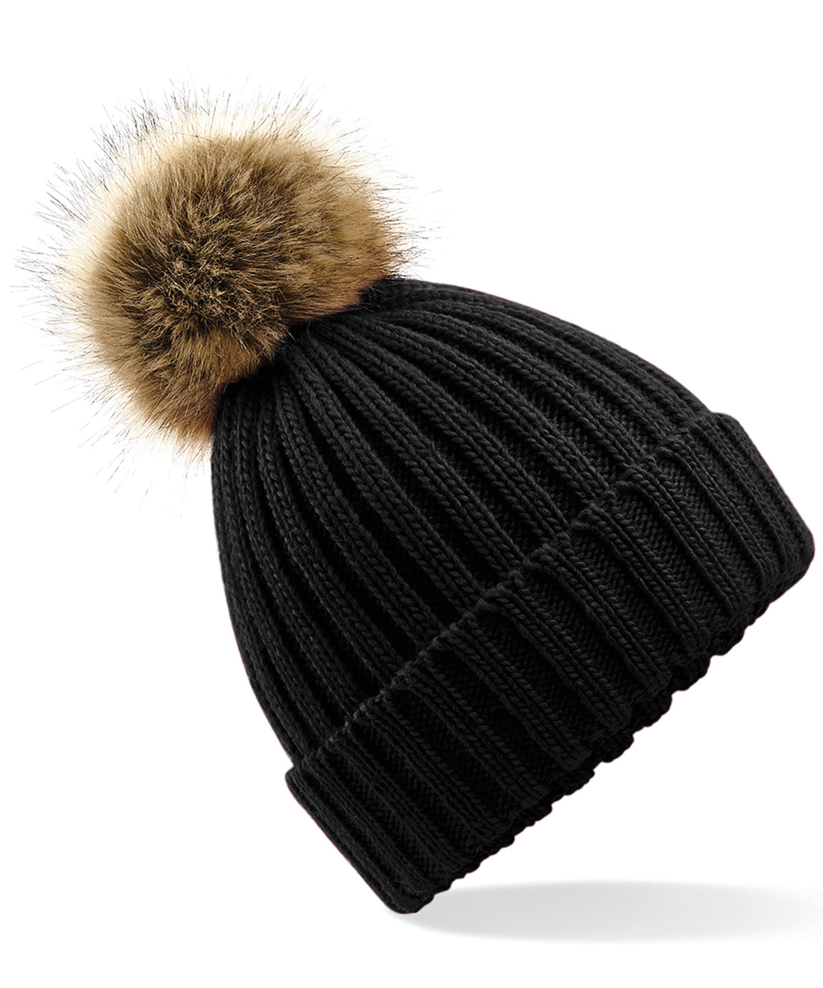 Black - Fur pop pom chunky beanie - GarmentEmbroidery