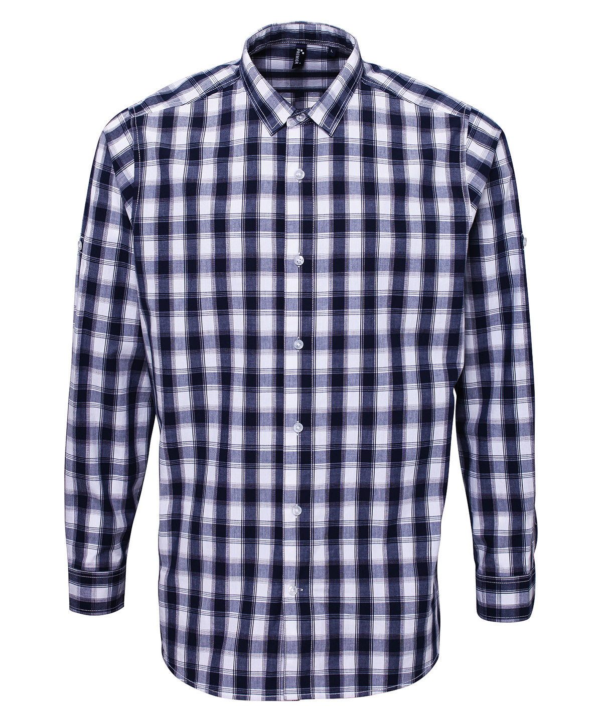 White/Navy - Mulligan check cotton long sleeve shirt - GarmentEmbroidery