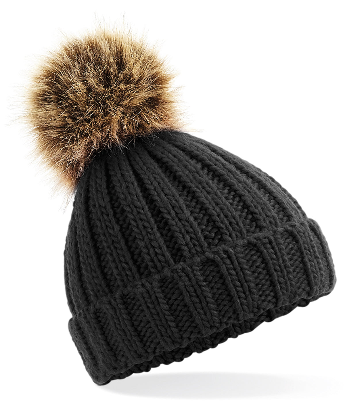 Black - Infant/junior fur pom pom chunky beanie - GarmentEmbroidery