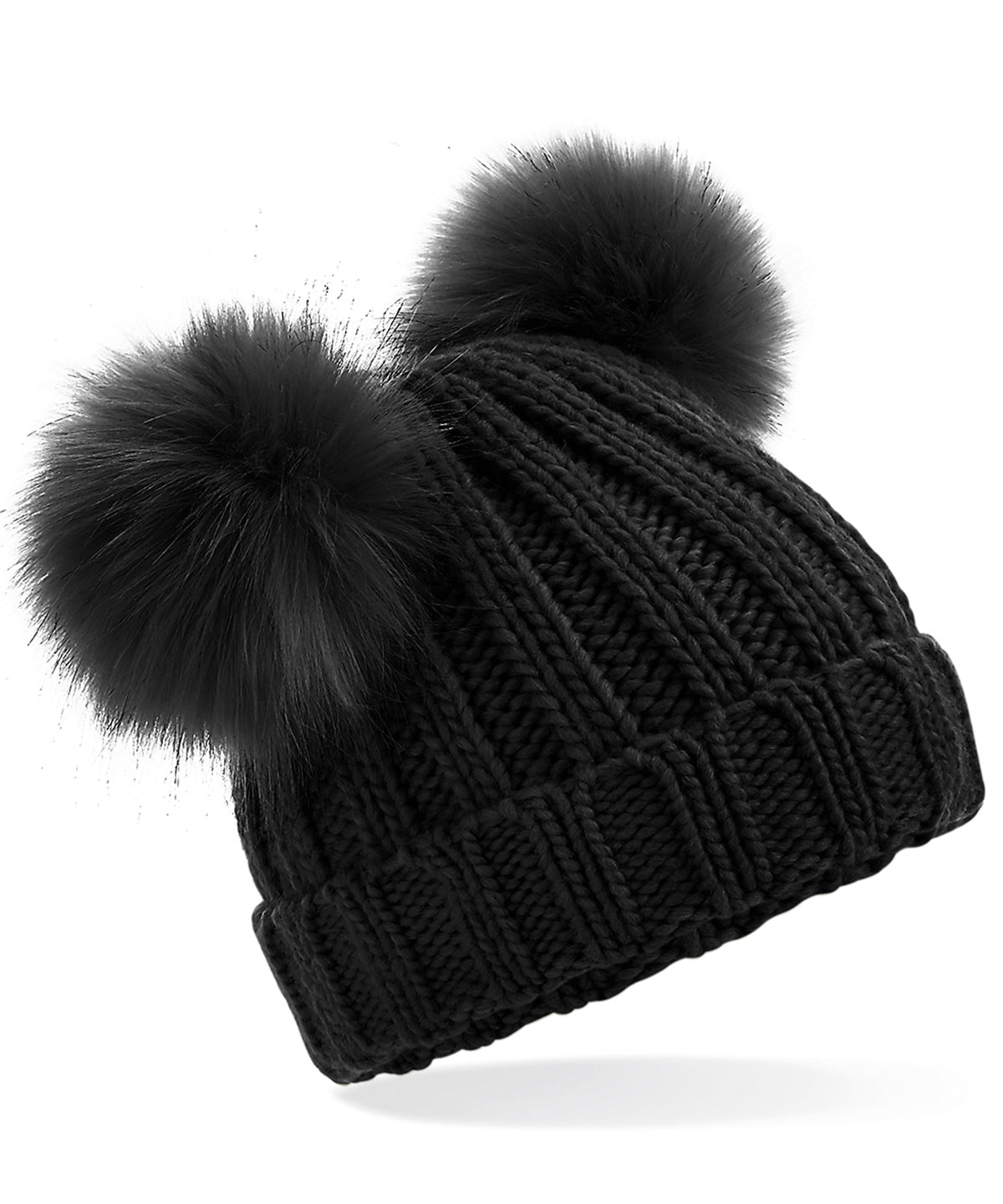 Black - Infant/junior faux fur double pom pom beanie - GarmentEmbroidery