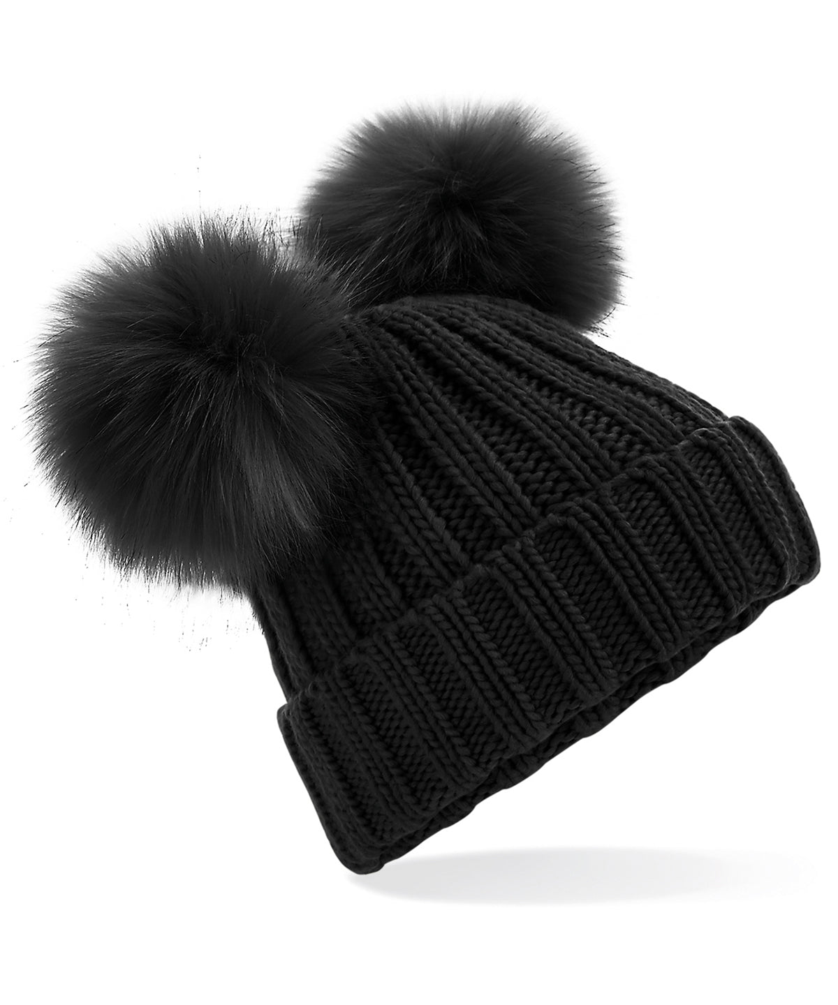 Black - Faux fur double pop pom beanie - GarmentEmbroidery