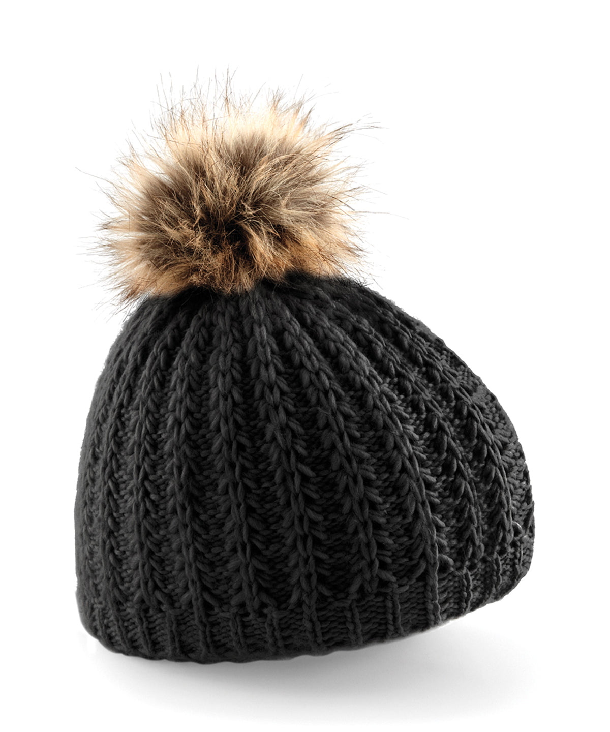 Black - Fur pom pom beanie - GarmentEmbroidery