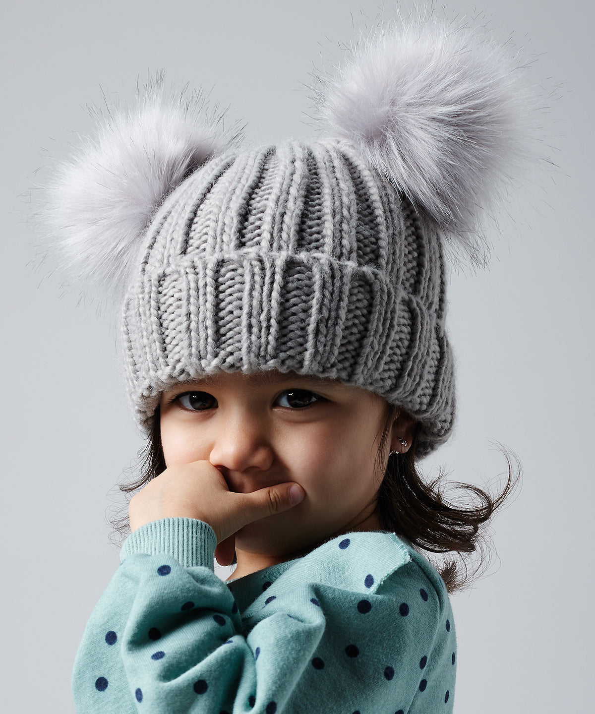 Black - Infant/junior faux fur double pom pom beanie - GarmentEmbroidery