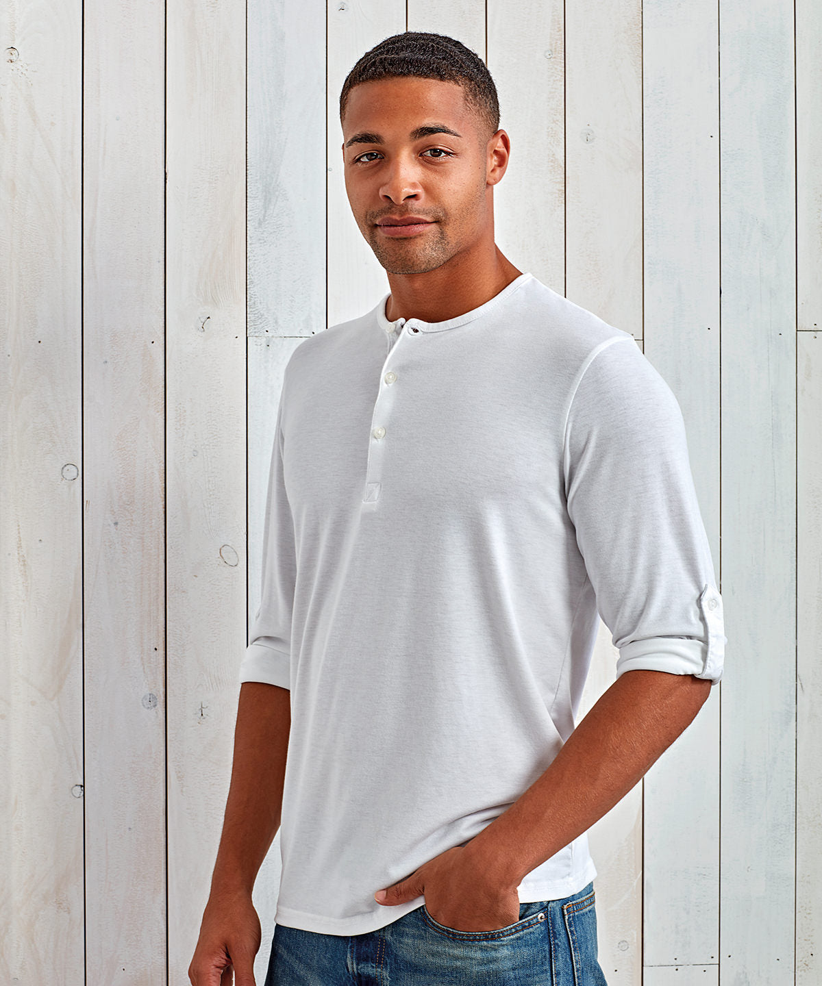 White/Navy - Long John roll-sleeve tee - GarmentEmbroidery